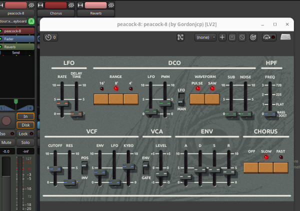 screenshot of peacock loaded in a simple Ardour session